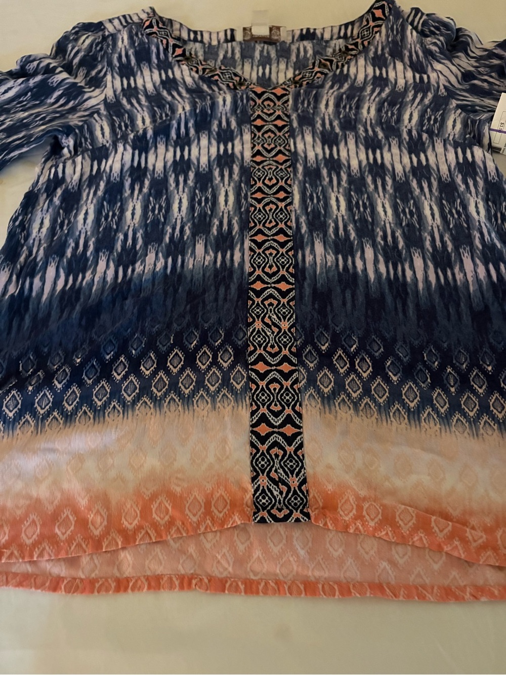 Vintage America Blue and Peach Ombre Long Sleeve Top with Embroidered Placket
